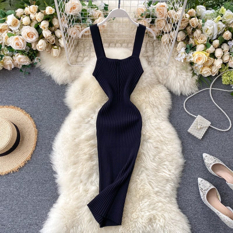 Free / black Knitted dress women's summer dress 2023 new style square neck suspender skirt sexy temperament bottom skirt