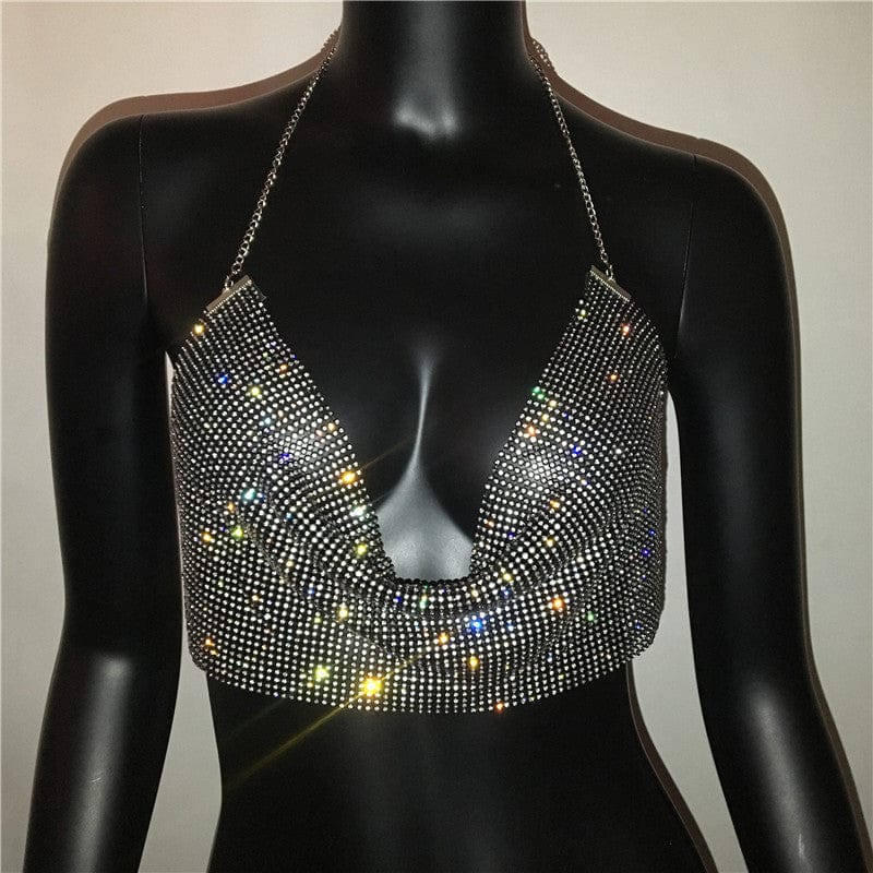 Free / black SHIHAN Silver Shiny Diamante Tank Top Women Low Neckline Backless Bling Rhinestone Patchwork Crop Top Night Club Chic Lady