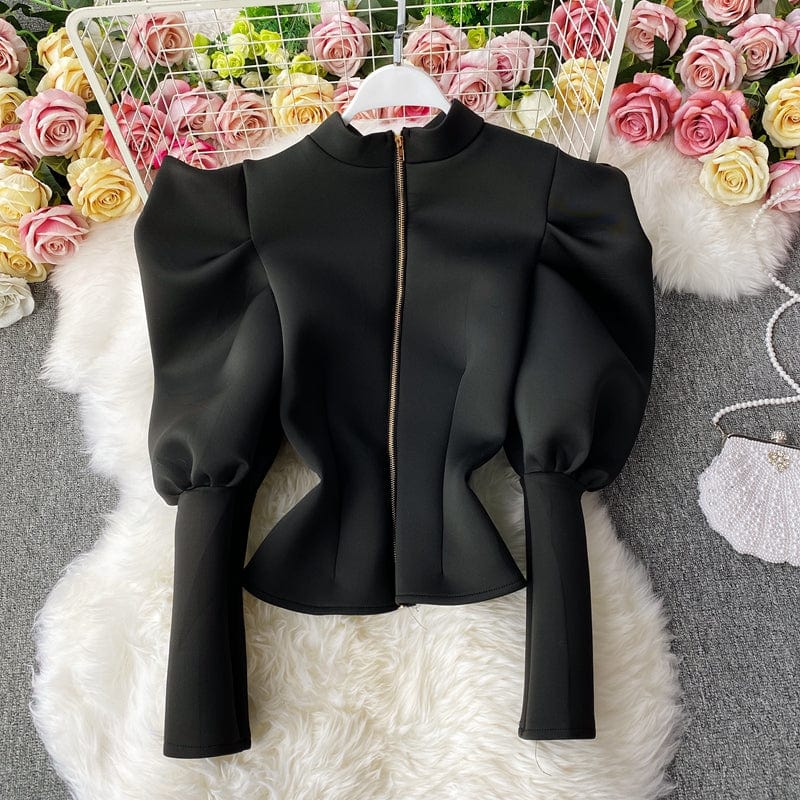 Free / Black Spring Autumn New Temperament Stand-up Collar Shirt Winter Slim Long sleeve Puff Sleeve Top Fashion Shirt Women's