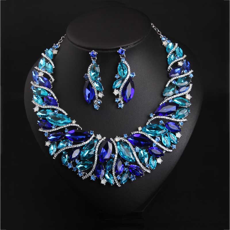 Free / Blue A4243 European American Luxury Jewelry Exaggerated Necklace Earrings Set