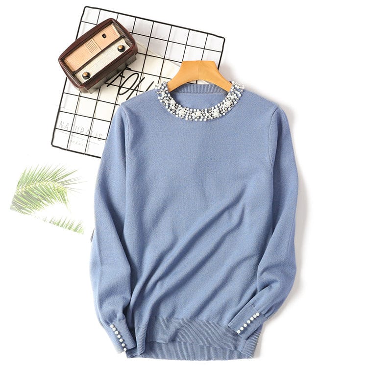 Free / Blue Autumn and winter new one size bead collar pullover sweater round neck long sleeve knitted loose women's bottoming shirt