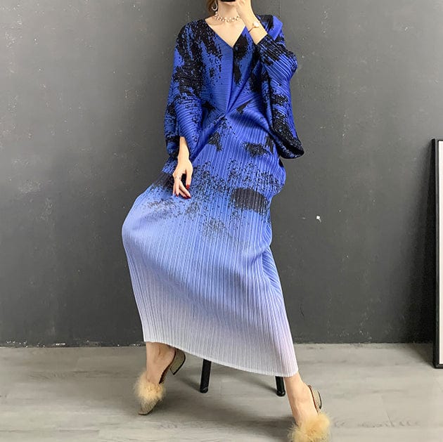 Free / Blue Fall street wear kimono sleeve tie dye printed ladies casual dress fashion pleated elegant V neck long maxi women's dresses