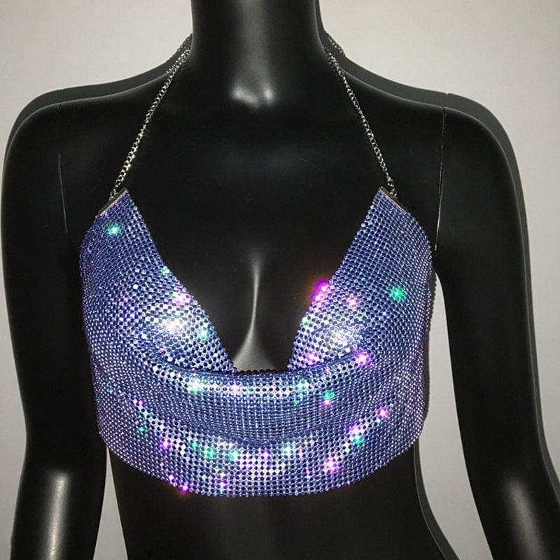 Free / Blue SHIHAN Silver Shiny Diamante Tank Top Women Low Neckline Backless Bling Rhinestone Patchwork Crop Top Night Club Chic Lady