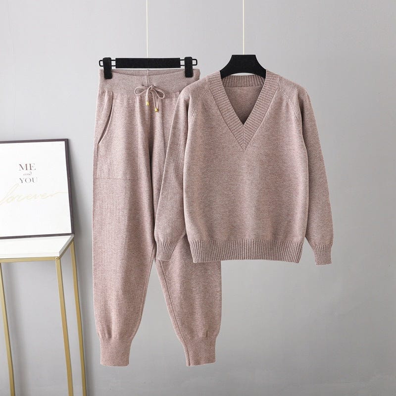 Free / Brown 10%OFF One Size Autumn/Winter New Sweater Harem Pants With Pocket Suit Casual V-Neck Sweater Pullover Two Piece Set