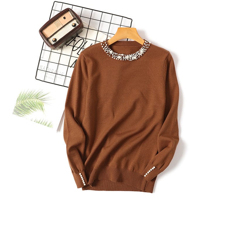 Free / Brown Autumn and winter new one size bead collar pullover sweater round neck long sleeve knitted loose women's bottoming shirt