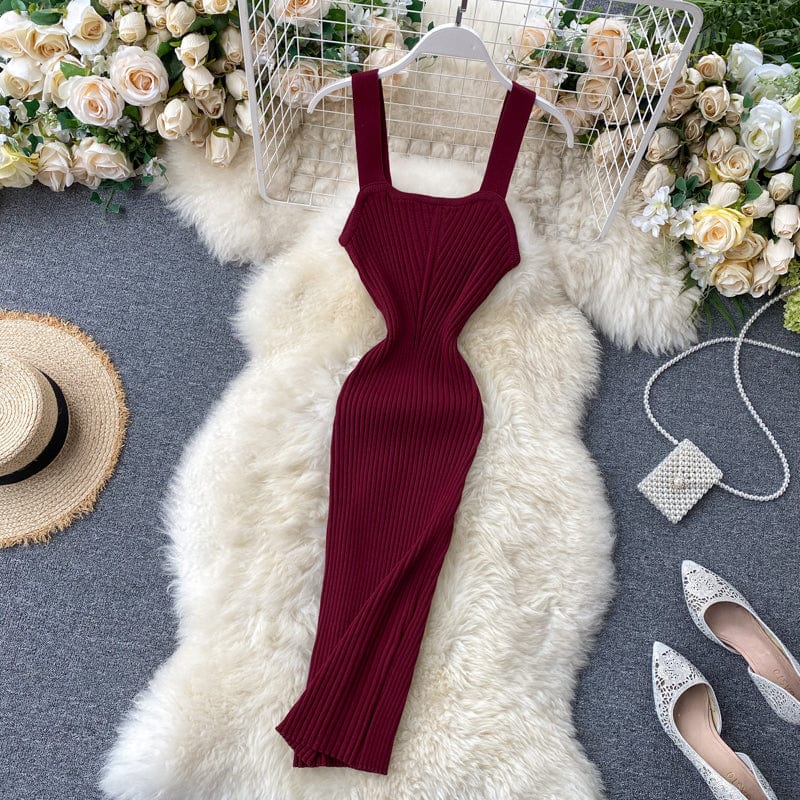 Free / Burgundy Knitted dress women's summer dress 2023 new style square neck suspender skirt sexy temperament bottom skirt