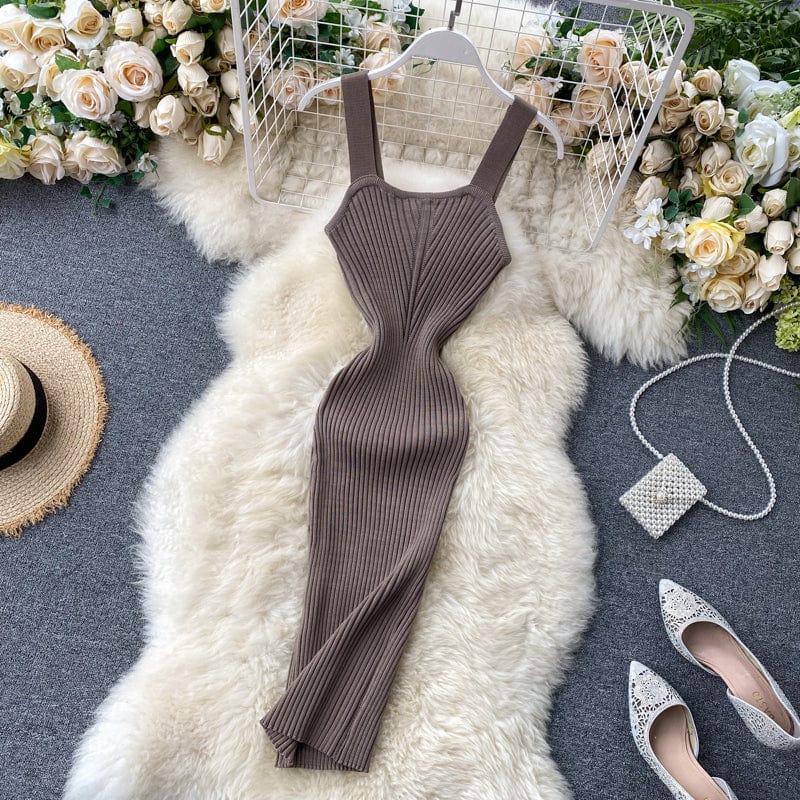 Free / coffee Knitted dress women's summer dress 2023 new style square neck suspender skirt sexy temperament bottom skirt