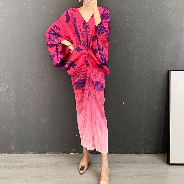 Free / Fuchsia Fall street wear kimono sleeve tie dye printed ladies casual dress fashion pleated elegant V neck long maxi women's dresses