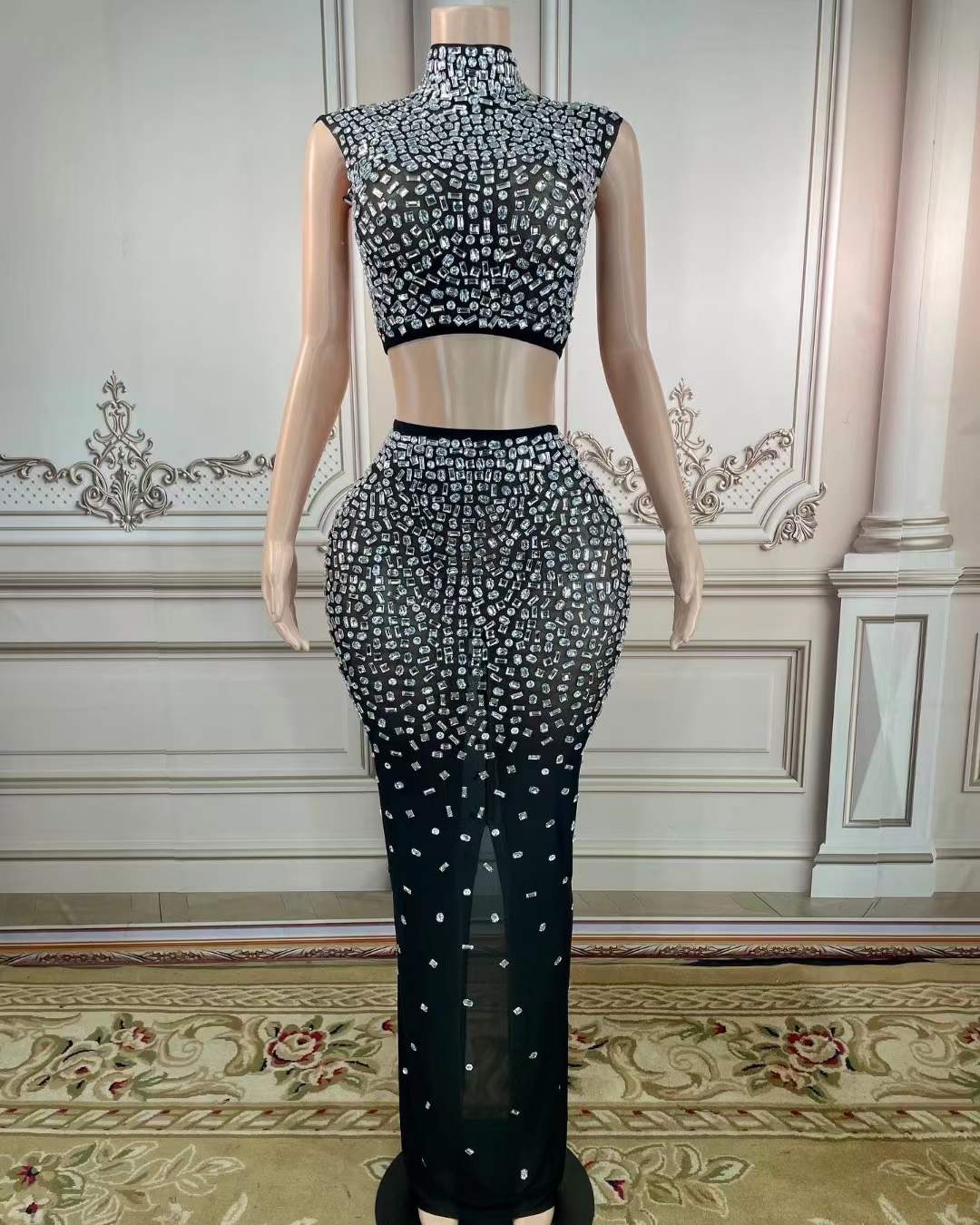 Free / FX220601 black Hot Selling Rhinestone Custom Design Sets Skirt Large Diamond Crystal Crop Topand Long Skirt Sets Women 2 Piece Party Outfits