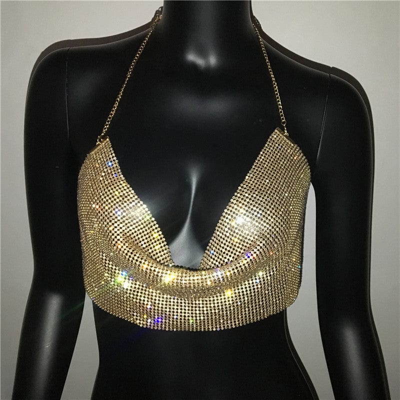 Free / Gold SHIHAN Silver Shiny Diamante Tank Top Women Low Neckline Backless Bling Rhinestone Patchwork Crop Top Night Club Chic Lady