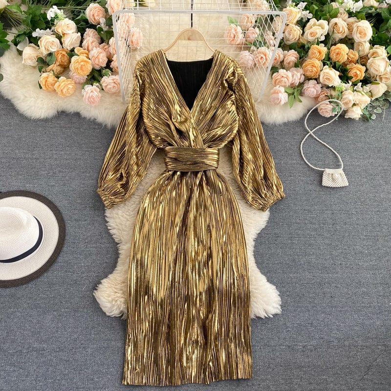 Free / Golden 2022 tunic High Waist Solid Belt Boho Luxury Dresses long sleeve maxi dress sequin gold dresses