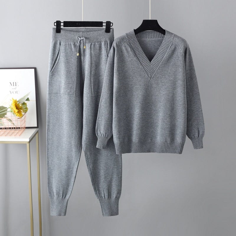 Free / Gray 10%OFF One Size Autumn/Winter New Sweater Harem Pants With Pocket Suit Casual V-Neck Sweater Pullover Two Piece Set