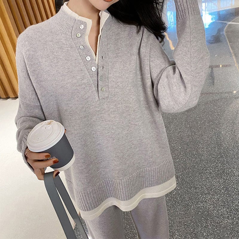 Free / Gray Autumn/winter Fashion Korean Small Fragrance Professional Knitted Sweater Suit Chic Chic Chic Wide-leg Pants Two Piece Set