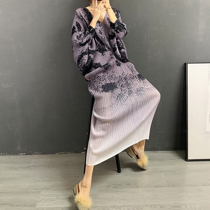 Free / Gray Fall street wear kimono sleeve tie dye printed ladies casual dress fashion pleated elegant V neck long maxi women's dresses