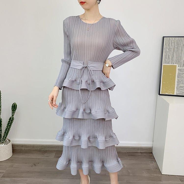 Free / Gray OUDINA high End Fashion Temperament Elegant Plus Size Pleated Dress Elegant Casual Women Dresses