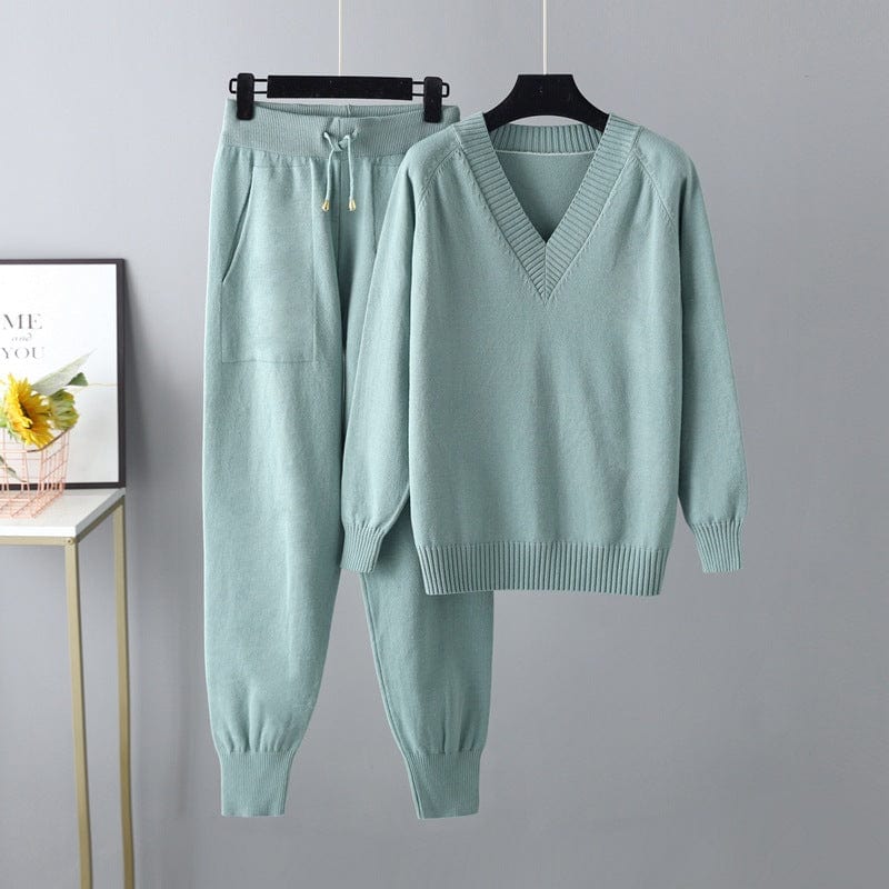 Free / Green 10%OFF One Size Autumn/Winter New Sweater Harem Pants With Pocket Suit Casual V-Neck Sweater Pullover Two Piece Set