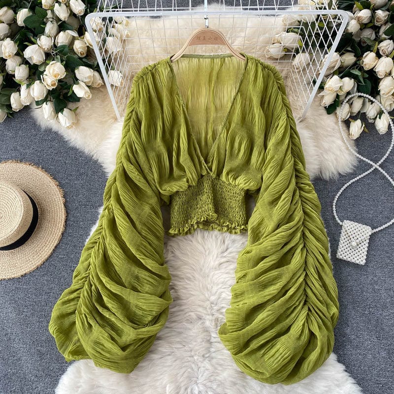 Free / green Fall Autumn Sexy Women Blouses 2022 Drape Elegant V Neck Long Puff Sleeve Crop Top Fashion New Lady Chiffon Tops