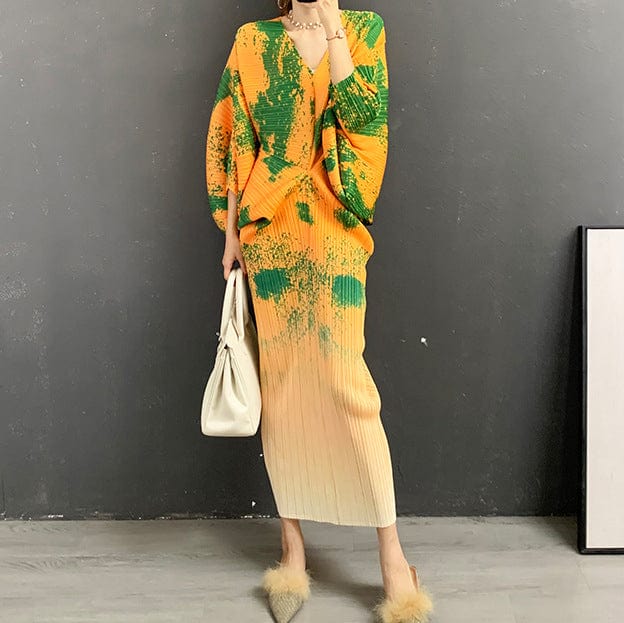 Free / green Fall street wear kimono sleeve tie dye printed ladies casual dress fashion pleated elegant V neck long maxi women's dresses