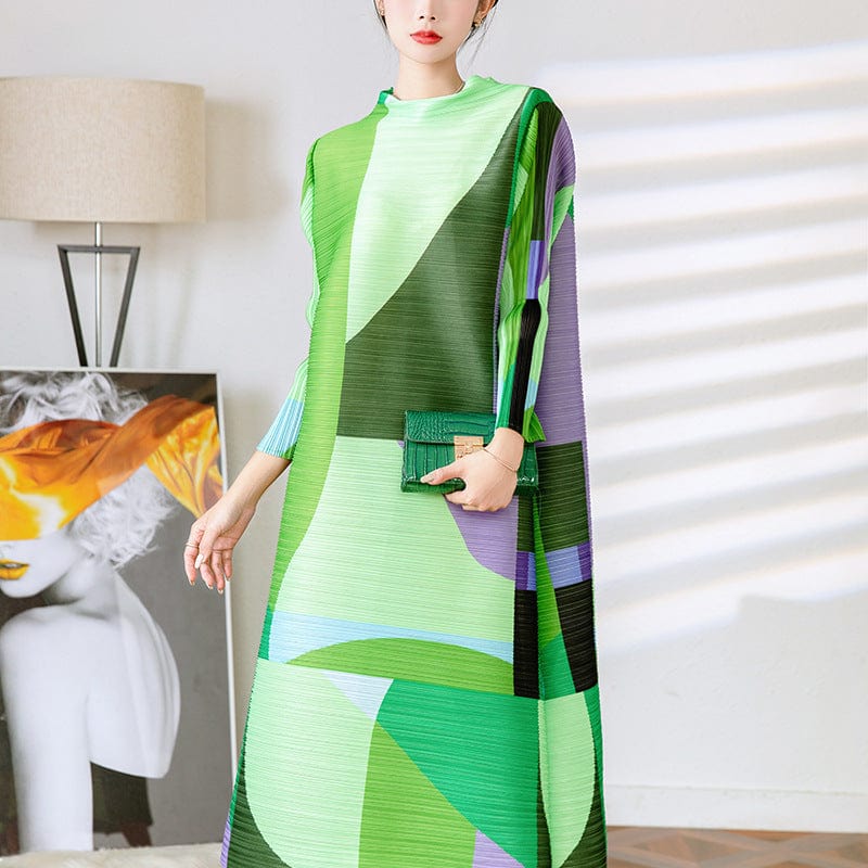 Free / green OUDINA Fashion High-end Purple Printed Female Casual Lady Elegant Pleated Women Loose Dresses Women