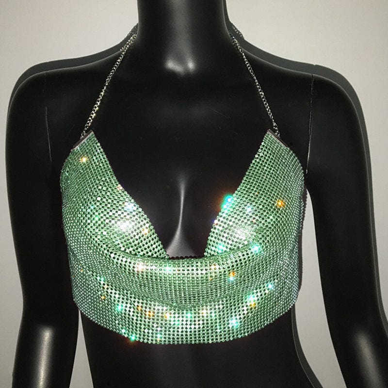 Free / green SHIHAN Silver Shiny Diamante Tank Top Women Low Neckline Backless Bling Rhinestone Patchwork Crop Top Night Club Chic Lady