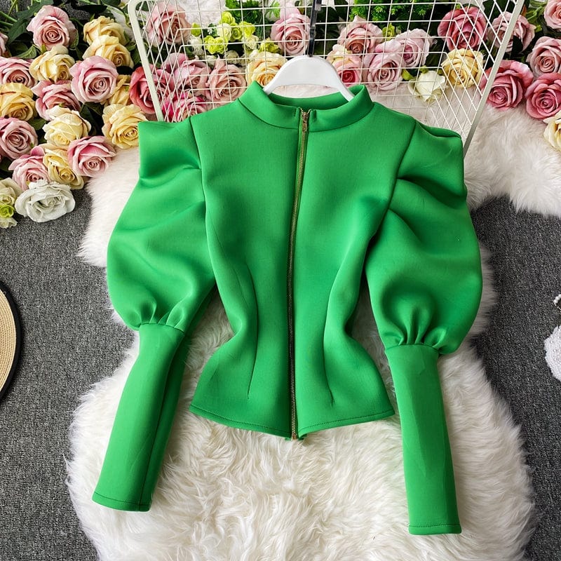 Free / Green Spring Autumn New Temperament Stand-up Collar Shirt Winter Slim Long sleeve Puff Sleeve Top Fashion Shirt Women's