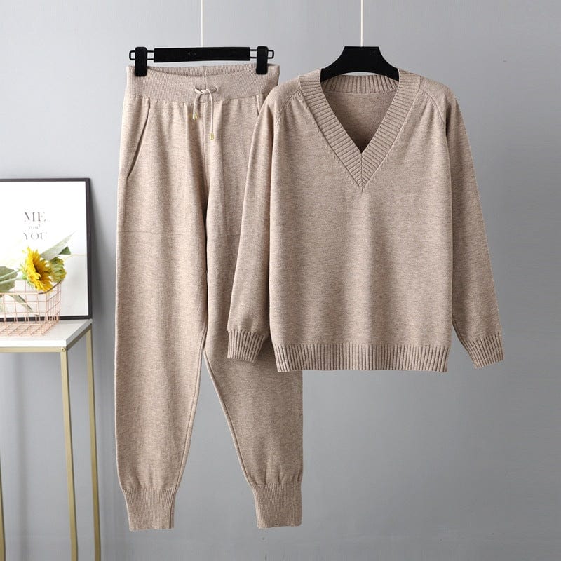 Free / Khaki 10%OFF One Size Autumn/Winter New Sweater Harem Pants With Pocket Suit Casual V-Neck Sweater Pullover Two Piece Set