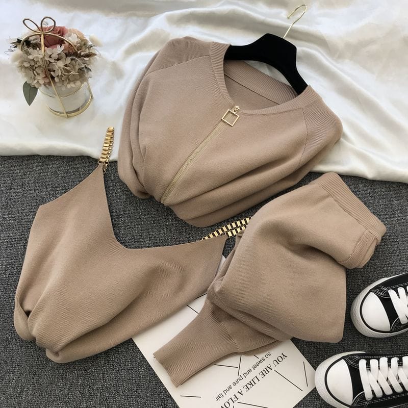 Free / Khaki 10% off Women Zipper Knitted Cardigans Sweaters + Pants Sets + Vest Woman Fashion Jumpers Trousers 3PCS Costumes Outfit