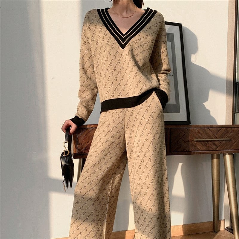 Free / Khaki 2022 New Fall Winter Casual Fashion Knit Wide Leg Trouser Set Tempera Slim Sweater Jacquard Two Piece Set