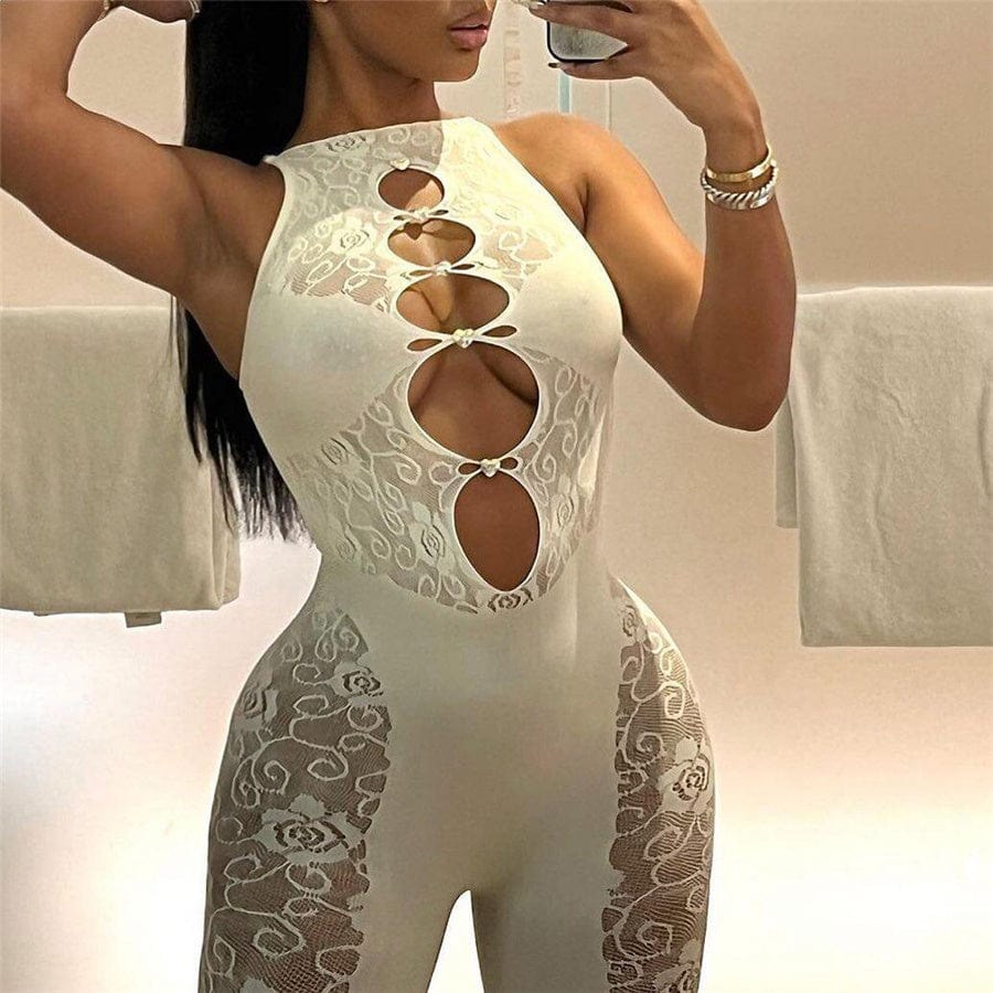 Free / Khaki Kliou W22Q23390 wholesale womens boutique clothing women one piece bodycon jumpsuit see through sexy ladies jumpsuits