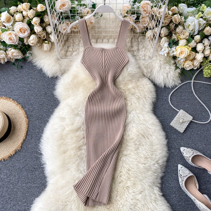 Free / Khaki Knitted dress women's summer dress 2023 new style square neck suspender skirt sexy temperament bottom skirt