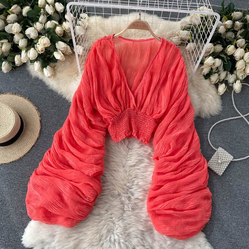 Free / Light red Fall Autumn Sexy Women Blouses 2022 Drape Elegant V Neck Long Puff Sleeve Crop Top Fashion New Lady Chiffon Tops