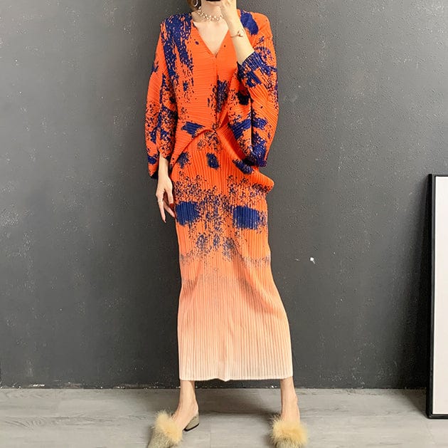 Free / Orange Fall street wear kimono sleeve tie dye printed ladies casual dress fashion pleated elegant V neck long maxi women's dresses