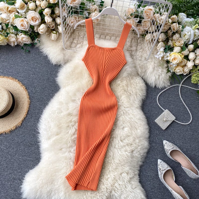 Free / Orange Knitted dress women's summer dress 2023 new style square neck suspender skirt sexy temperament bottom skirt