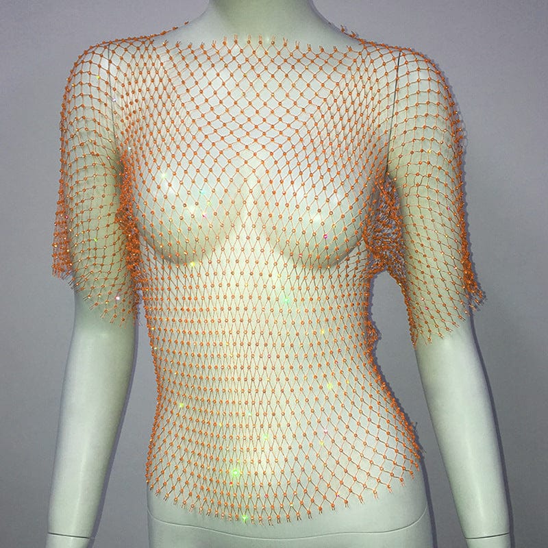 Free / Orange SHIHAN Sexy New Mesh Rhinestone Long Sleeve T Shirt Women Hollow See-through Fishnet Tops Summer Casual Shirt Party Club Women