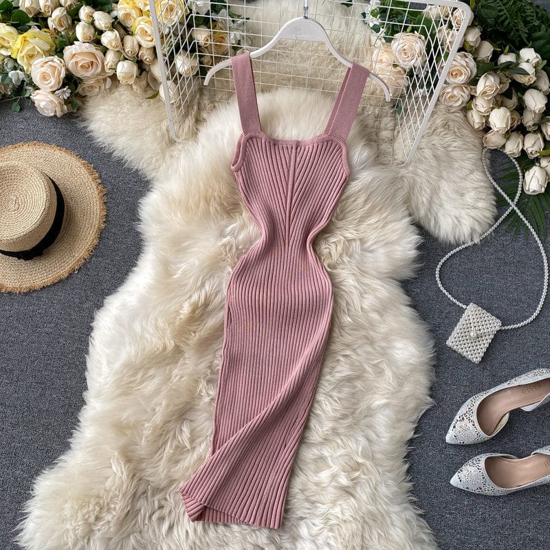 Free / Pink Knitted dress women's summer dress 2023 new style square neck suspender skirt sexy temperament bottom skirt