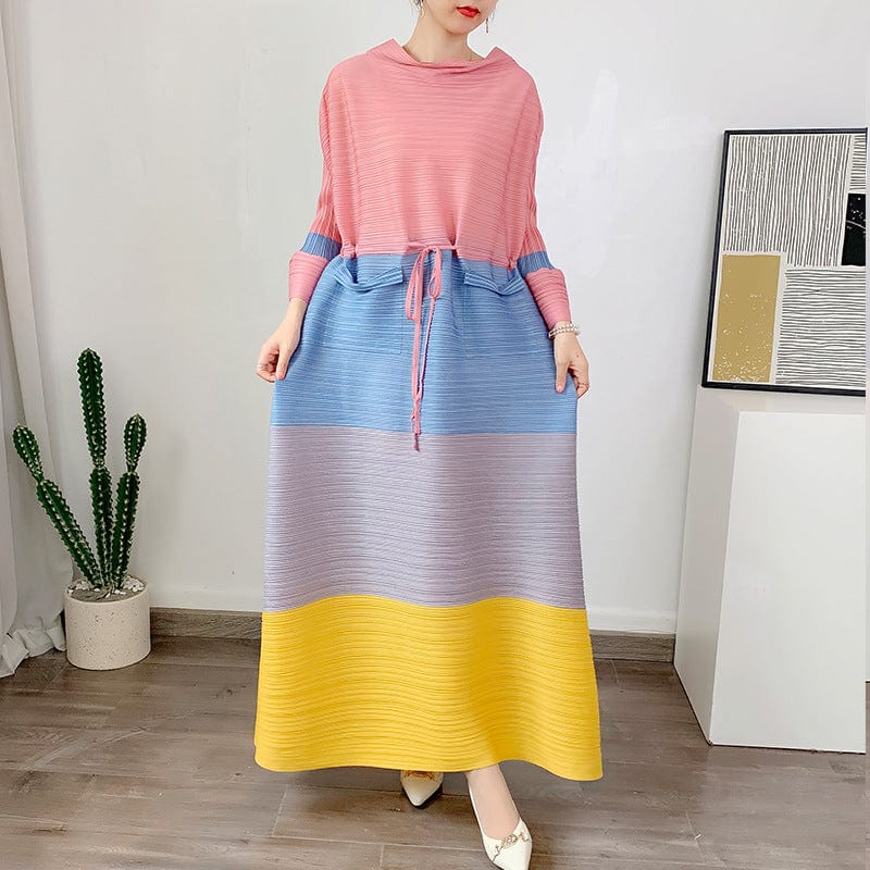 Free / Pink OUDINA New Fashion Pleated Plus Size Oversized Long Sleeve Maxi Dress Women Muslim Casual Women's Dresses