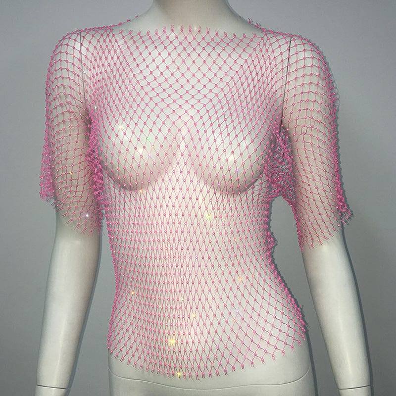 Free / Pink SHIHAN Sexy New Mesh Rhinestone Long Sleeve T Shirt Women Hollow See-through Fishnet Tops Summer Casual Shirt Party Club Women