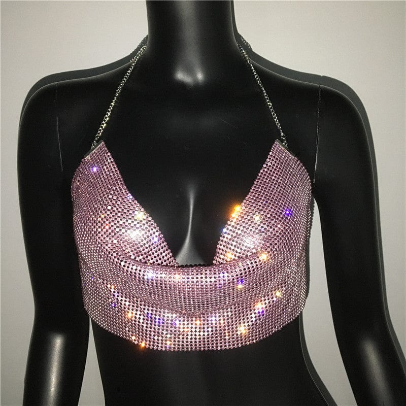 Free / Pink SHIHAN Silver Shiny Diamante Tank Top Women Low Neckline Backless Bling Rhinestone Patchwork Crop Top Night Club Chic Lady