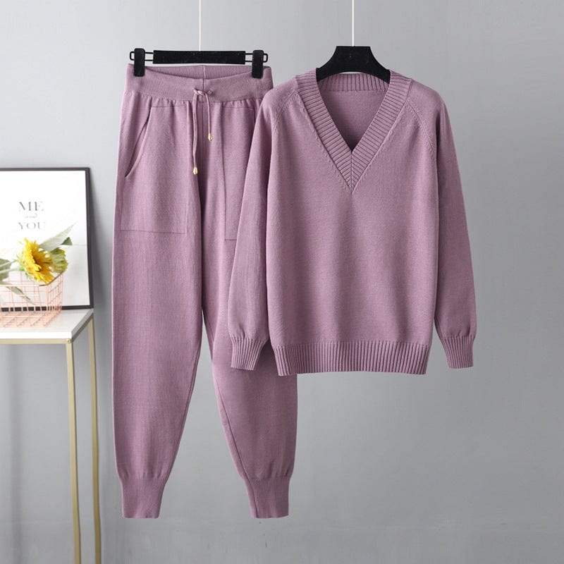 Free / Purple 10%OFF One Size Autumn/Winter New Sweater Harem Pants With Pocket Suit Casual V-Neck Sweater Pullover Two Piece Set