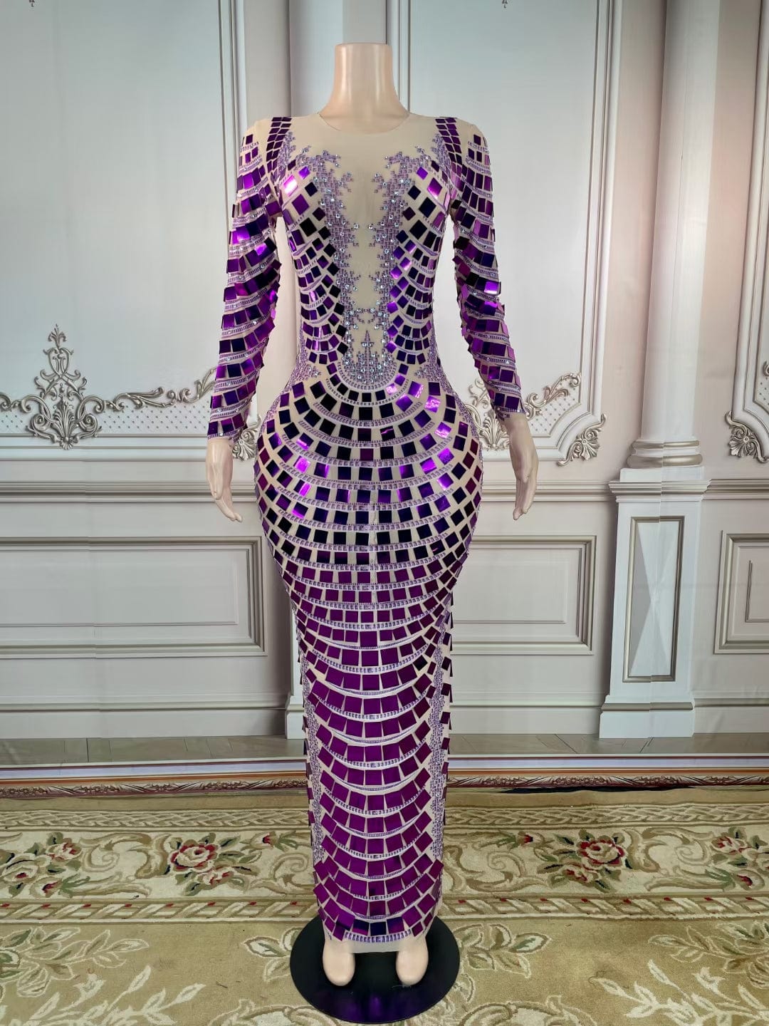 Free / Purple AD1465 Kimshein Handmade Crystal Women Purple Mesh Fabric Transparent Big Sequin Rhinestone Gala  Performance Dresses Evening