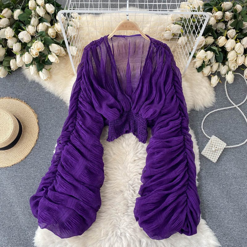 Free / Purple Fall Autumn Sexy Women Blouses 2022 Drape Elegant V Neck Long Puff Sleeve Crop Top Fashion New Lady Chiffon Tops