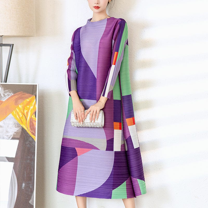 Free / Purple OUDINA Fashion High-end Purple Printed Female Casual Lady Elegant Pleated Women Loose Dresses Women