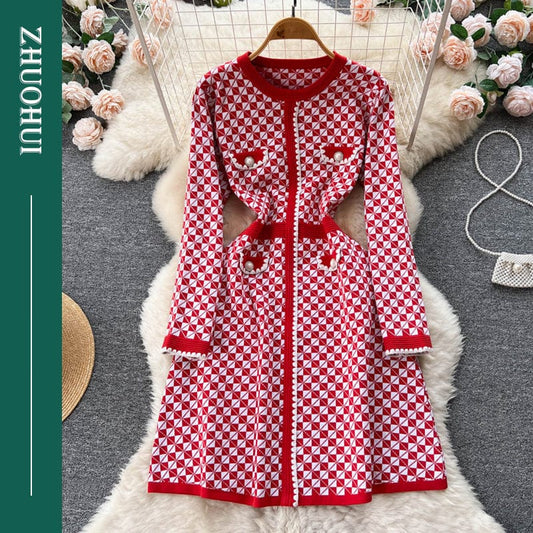 Free / Red Autumn Winter Chic Peter Pan Collar Long Sleeve Plaid Patchwork Knit Sweater A-Line Dresses Women Lady Elegant Slim Dress