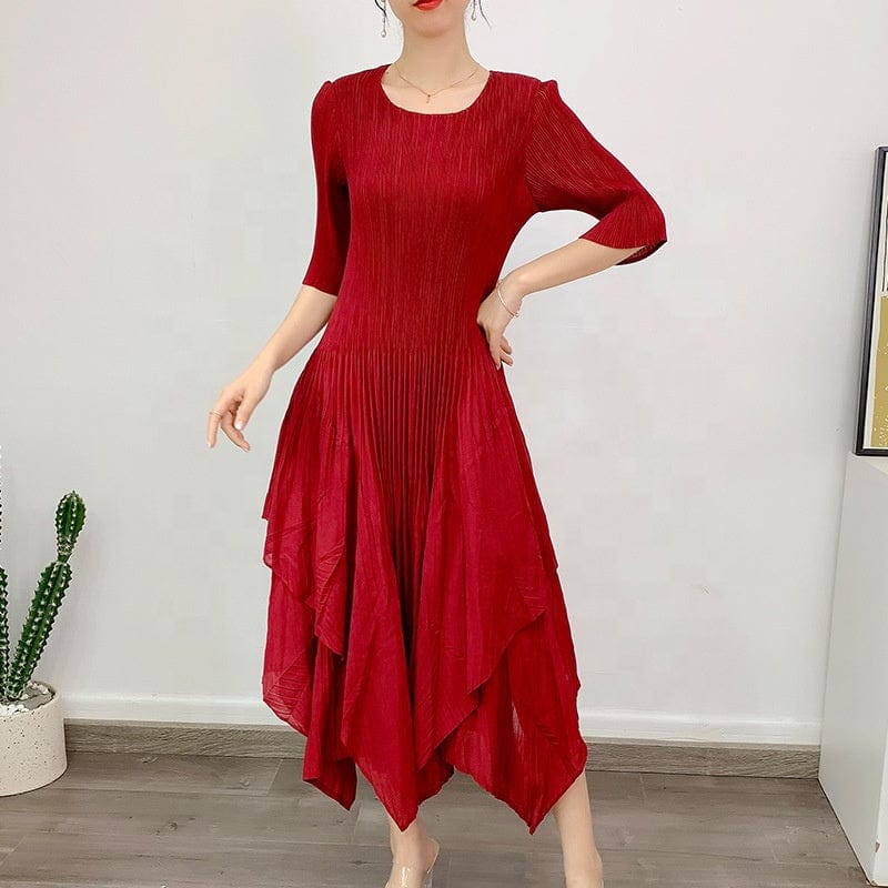 Free / Red OUDINA High Quality New Women's Commuting Casual A-line Casual Dress Pleated Womens Elegant Dresses