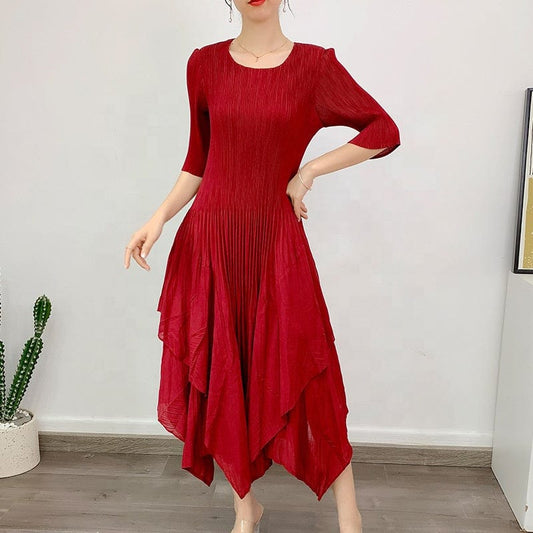 Free / Red OUDINA High Quality New Women's Commuting Casual A-line Casual Dress Pleated Womens Elegant Dresses