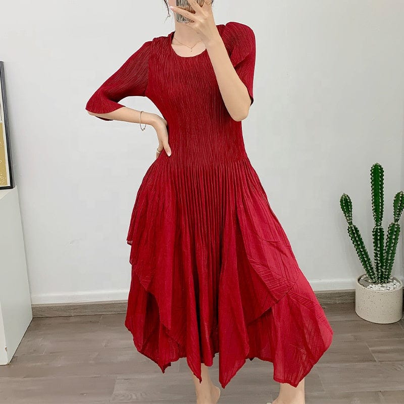 Free / Red OUDINA High Quality New Women's Commuting Casual A-line Casual Dress Pleated Womens Elegant Dresses