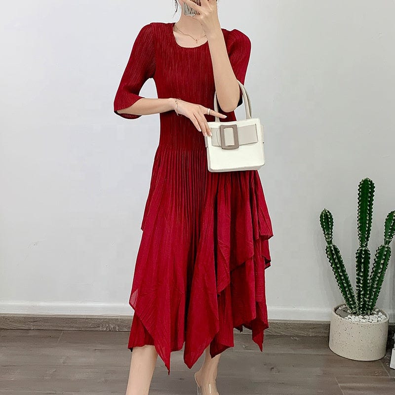 Free / Red OUDINA High Quality New Women's Commuting Casual A-line Casual Dress Pleated Womens Elegant Dresses