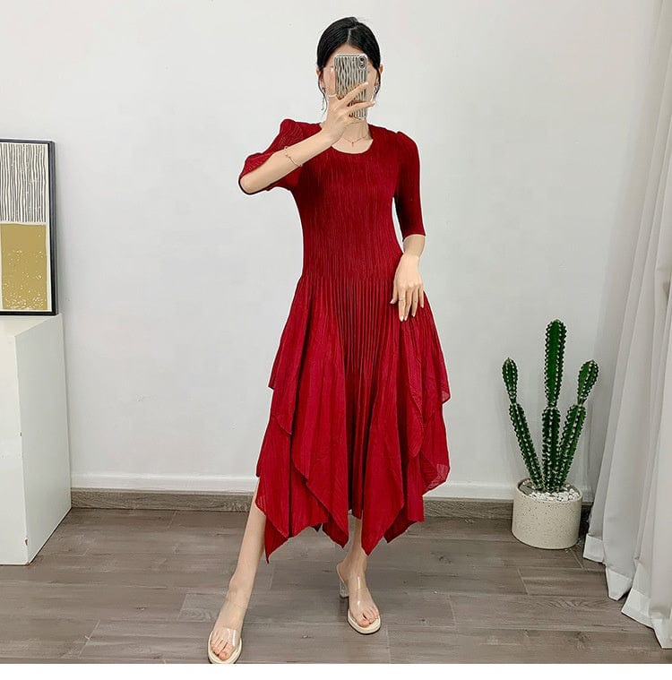 Free / Red OUDINA High Quality New Women's Commuting Casual A-line Casual Dress Pleated Womens Elegant Dresses