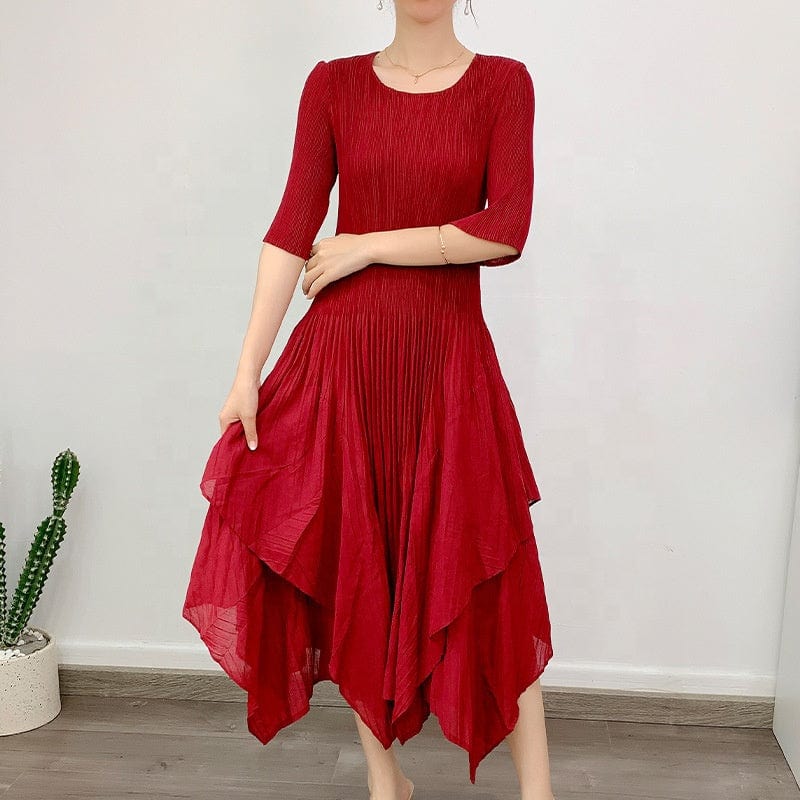 Free / Red OUDINA High Quality New Women's Commuting Casual A-line Casual Dress Pleated Womens Elegant Dresses