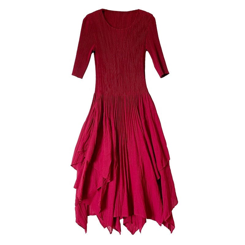 Free / Red OUDINA High Quality New Women's Commuting Casual A-line Casual Dress Pleated Womens Elegant Dresses